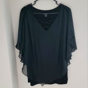 Sheer Flutter Sleeve Overlay Plus Blouse Top